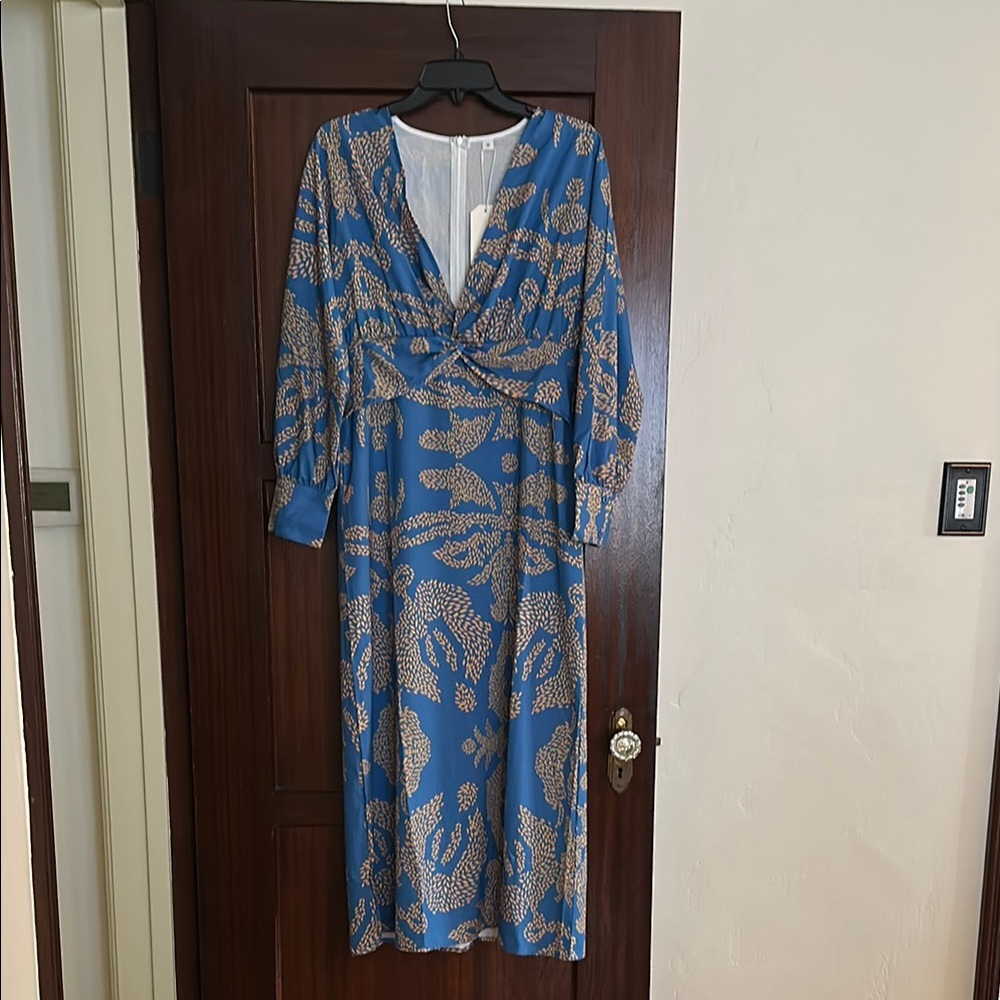 Blue Plunge Neck Bishop Sleeve Sundress
